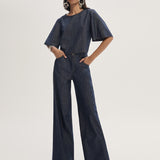 Calça Pantalona Jeans Leve com Pesponto