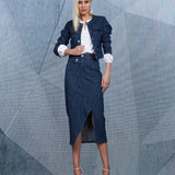 Saia Jeans Midi Risca de Giz