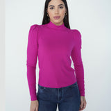 Blusa Canelada Manga Longa com Ombros Bufantes