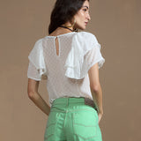 Blusa em Poá Creponado com Manga Babados