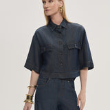Camisa Jeans Cropped Manga Curta