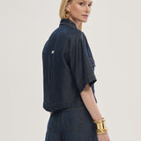 Camisa Jeans Cropped Manga Curta