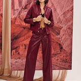 Calça Wide Leg em PU Berry