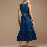 Vestido Jeans Midicom Saia em Camadas e Pesponto Contrastante