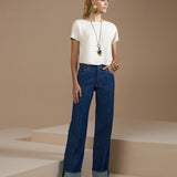 Calça Jeans Wide com Pesponto Branco