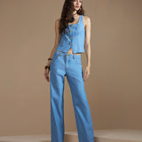 Calça Jeans Wide Leg Azul Céu com Meia Argola Ajustável