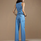 Calça Jeans Wide Leg Azul Céu com Meia Argola Ajustável