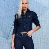 Jaqueta Jeans Cropped Indigo com Bolsos Frontais