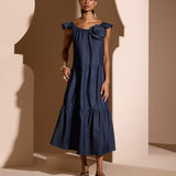 Vestido Jeans Midi com Manga Babado