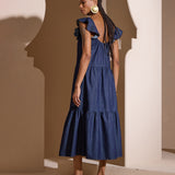 Vestido Jeans Midi com Manga Babado