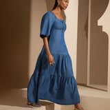 Vestido Jeans Longo com Franzido no Busto
