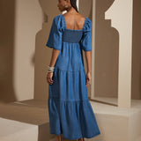 Vestido Jeans Longo com Franzido no Busto