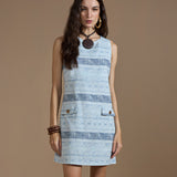 Vestido Curto Jacquard Azul e Branco