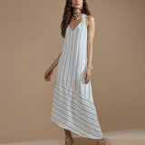Vestido Maxi Assimétrico Listrado Off-White