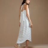 Vestido Maxi Assimétrico Listrado Off-White