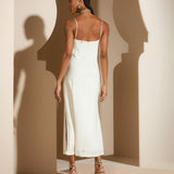 Vestido Midi Bordado e Fenda Lateral