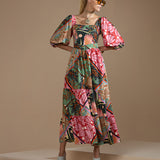 Vestido Midi Estampa Lenço Manga Bufante