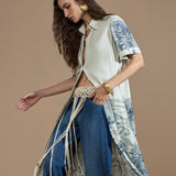 Chemise Midi Estampada com Rolotê e Paisagem Azul