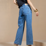 Calça Jeans Reta Cintura Média com Lavagem Azul Clássica