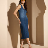 Vestido Midi Jeans Sem Mangas