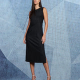 Vestido Midi Risca de Giz e Fenda