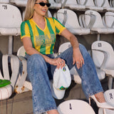 Camisa do Brasil Feminina Estilosa Gola V Listrada Verde e Amarela