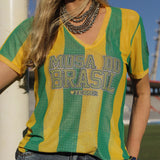 Camisa do Brasil Feminina Estilosa Gola V Listrada Verde e Amarela