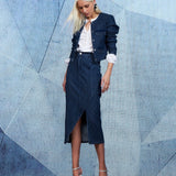 Saia Jeans Midi Risca de Giz