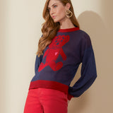 Suéter Tricô Bicolor Estampa Ursinho