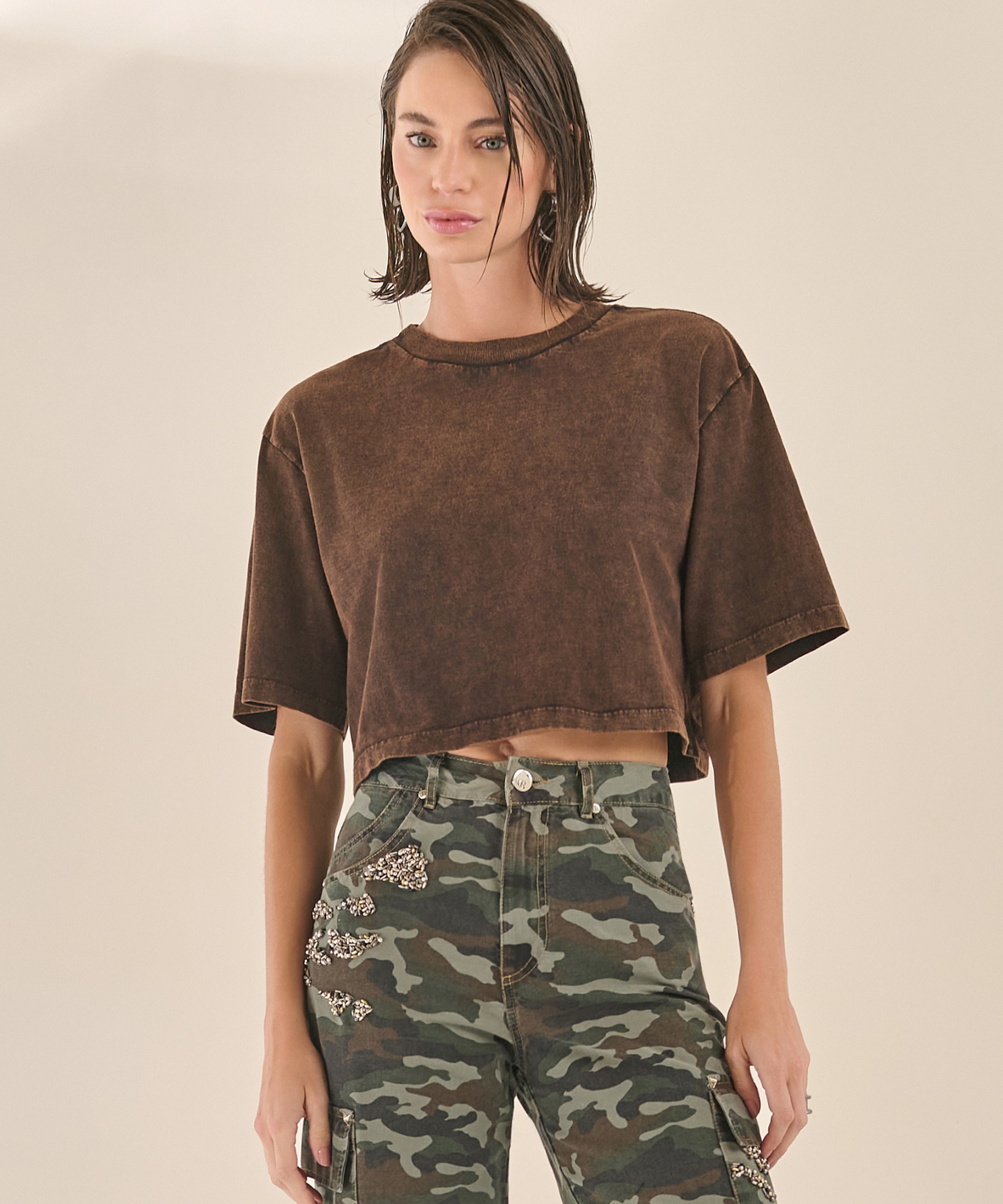 Blusa Cropped em Malha Marmorizada Cinza