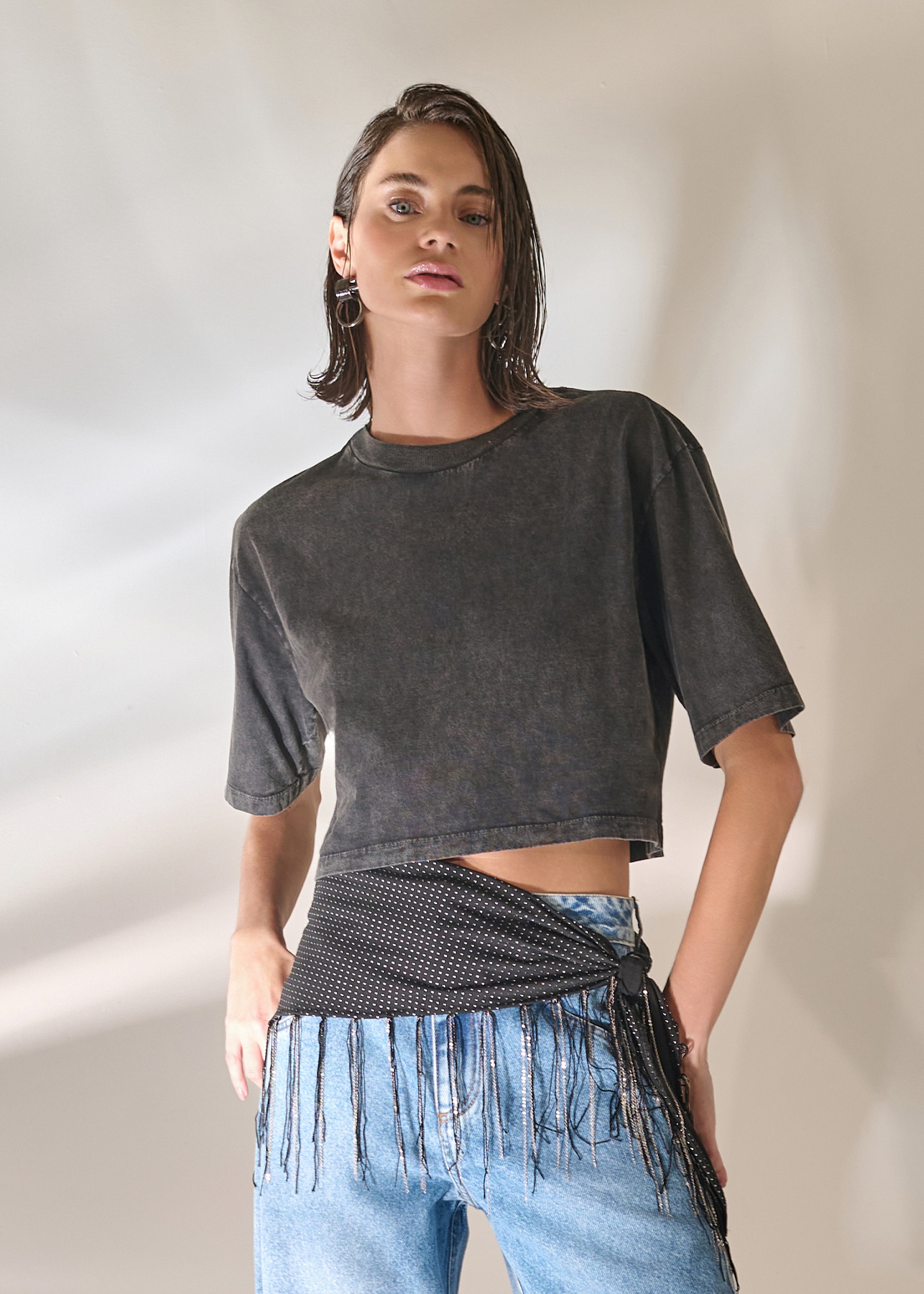 Blusa Cropped em Malha Marmorizada Marrom