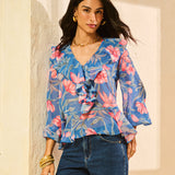 Blusa com Babados Estampa Jardim Atlantico