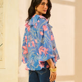 Blusa com Babados Estampa Jardim Atlantico