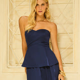 Blusa sem Alças Peplum Acetinada Marinho