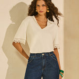 Blusa Polo com Bordado inglês nas Mangas