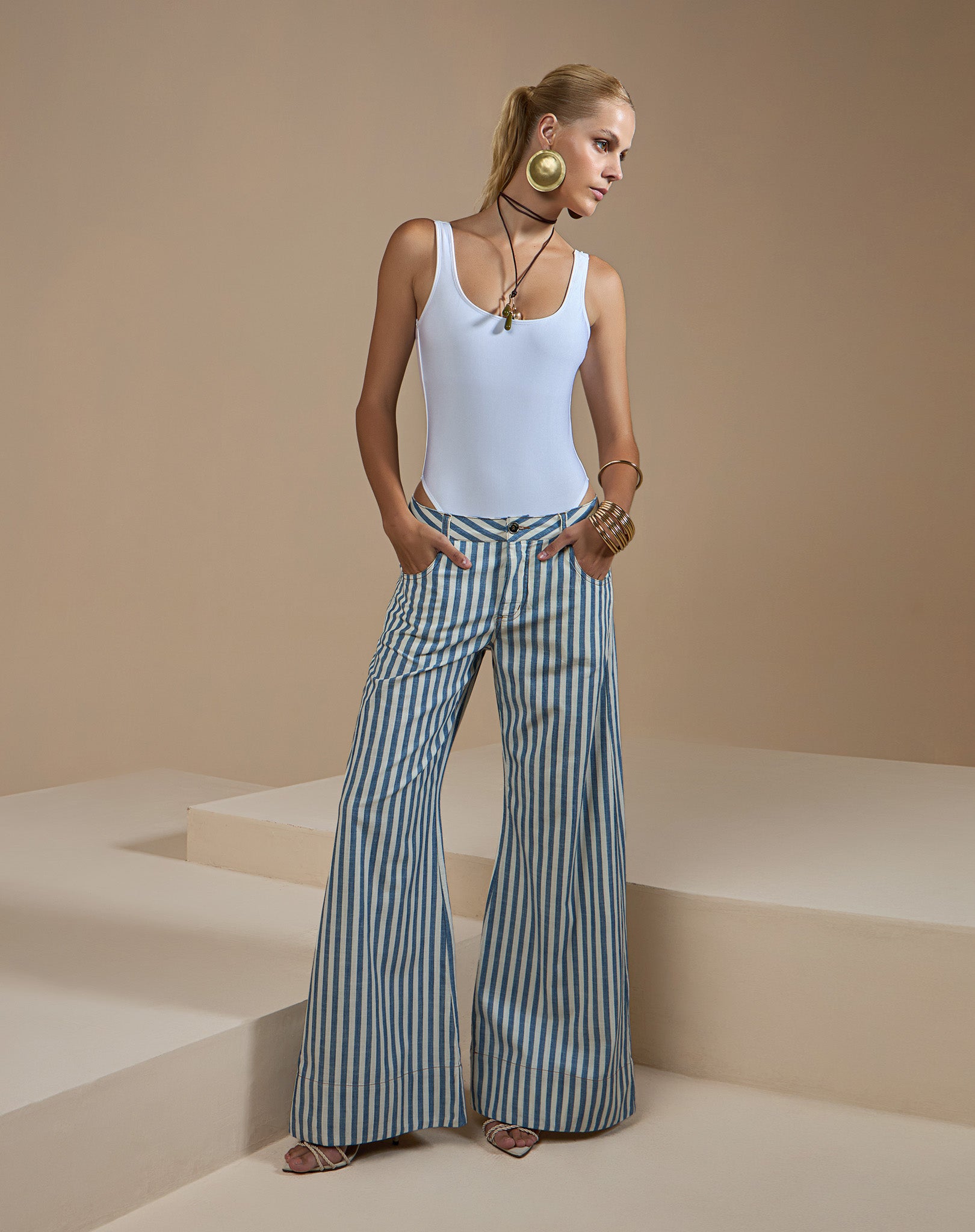 Calça Pantalona Listrada Náutica em Algodão