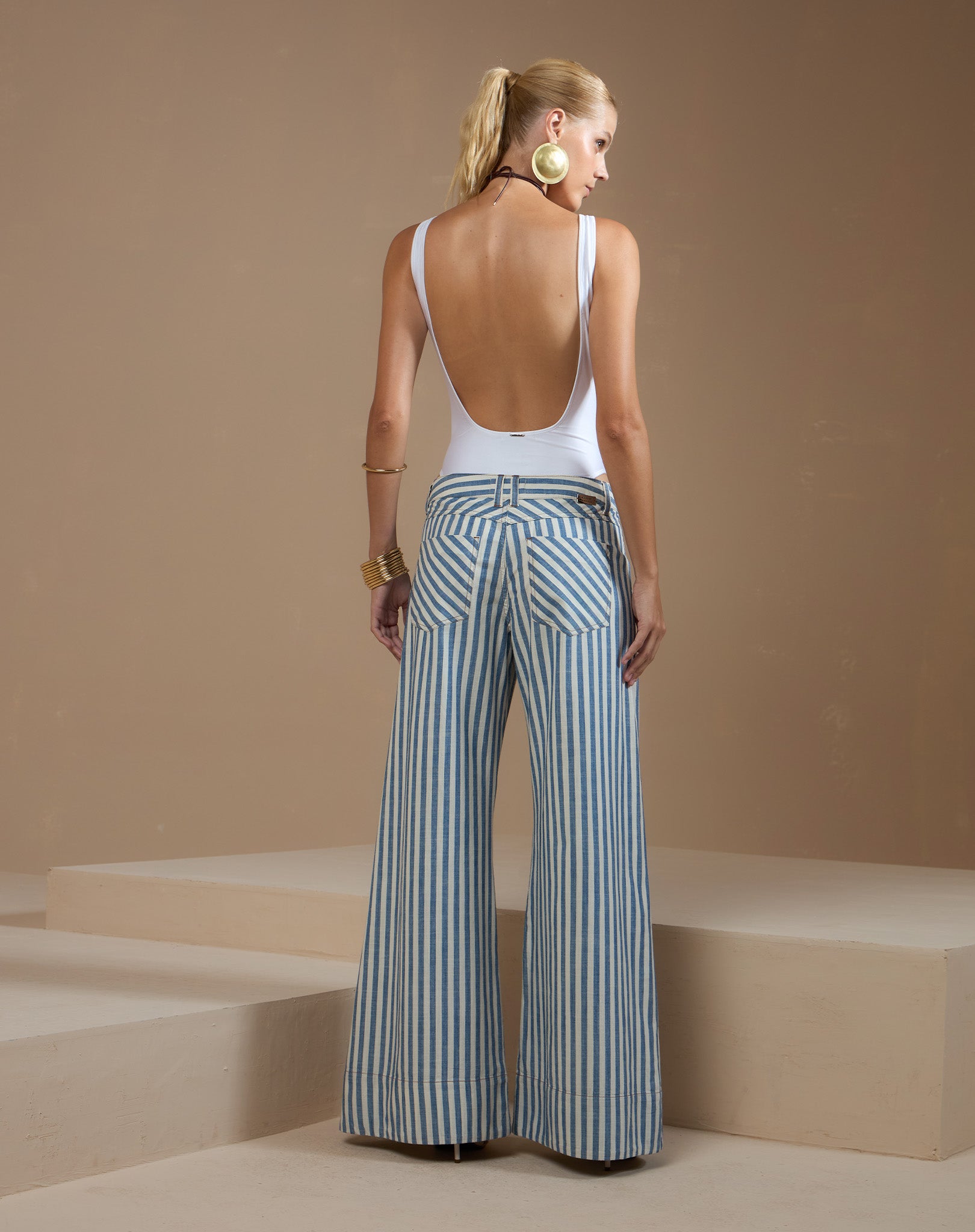 Calça Pantalona Listrada Náutica em Algodão