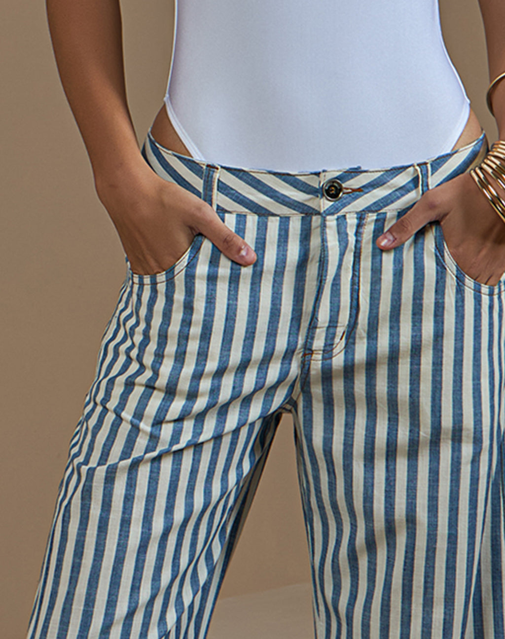 Calça Pantalona Listrada Náutica em Algodão