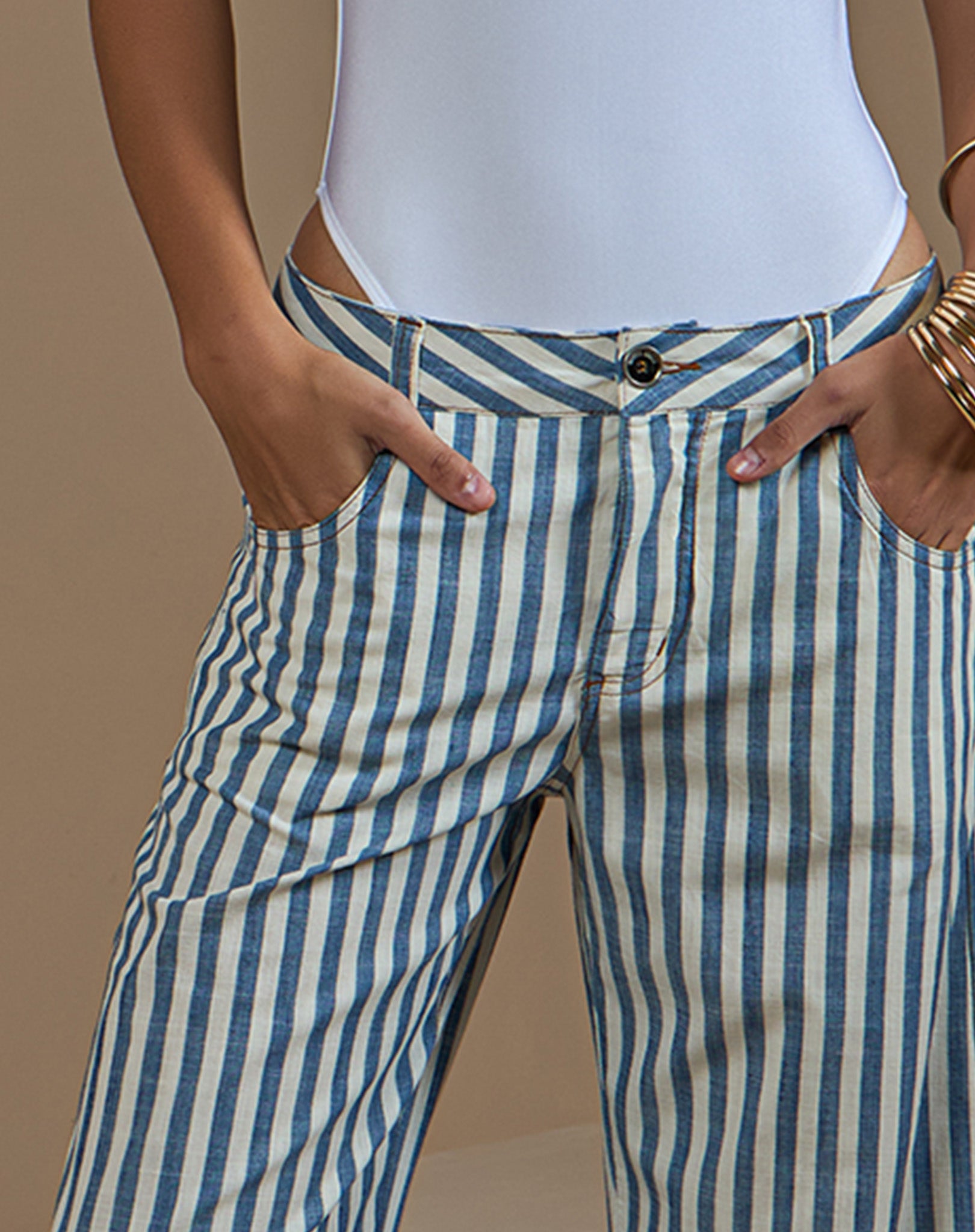Calça Pantalona Listrada Náutica em Algodão