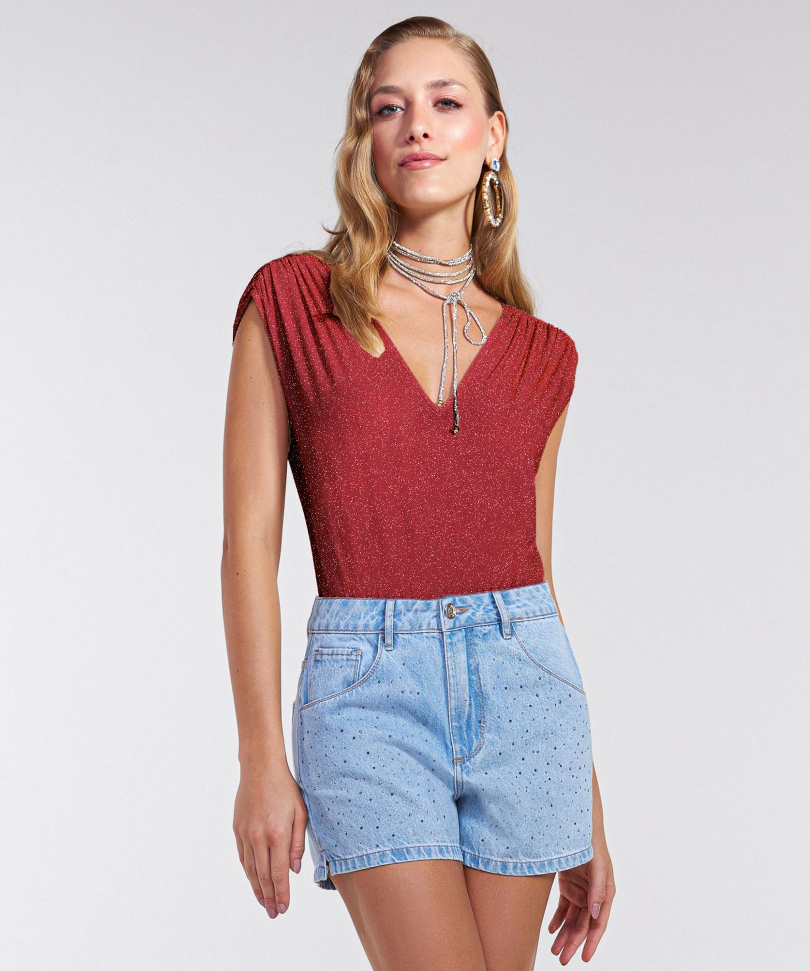 Body com Brilho Franzido e Decote V