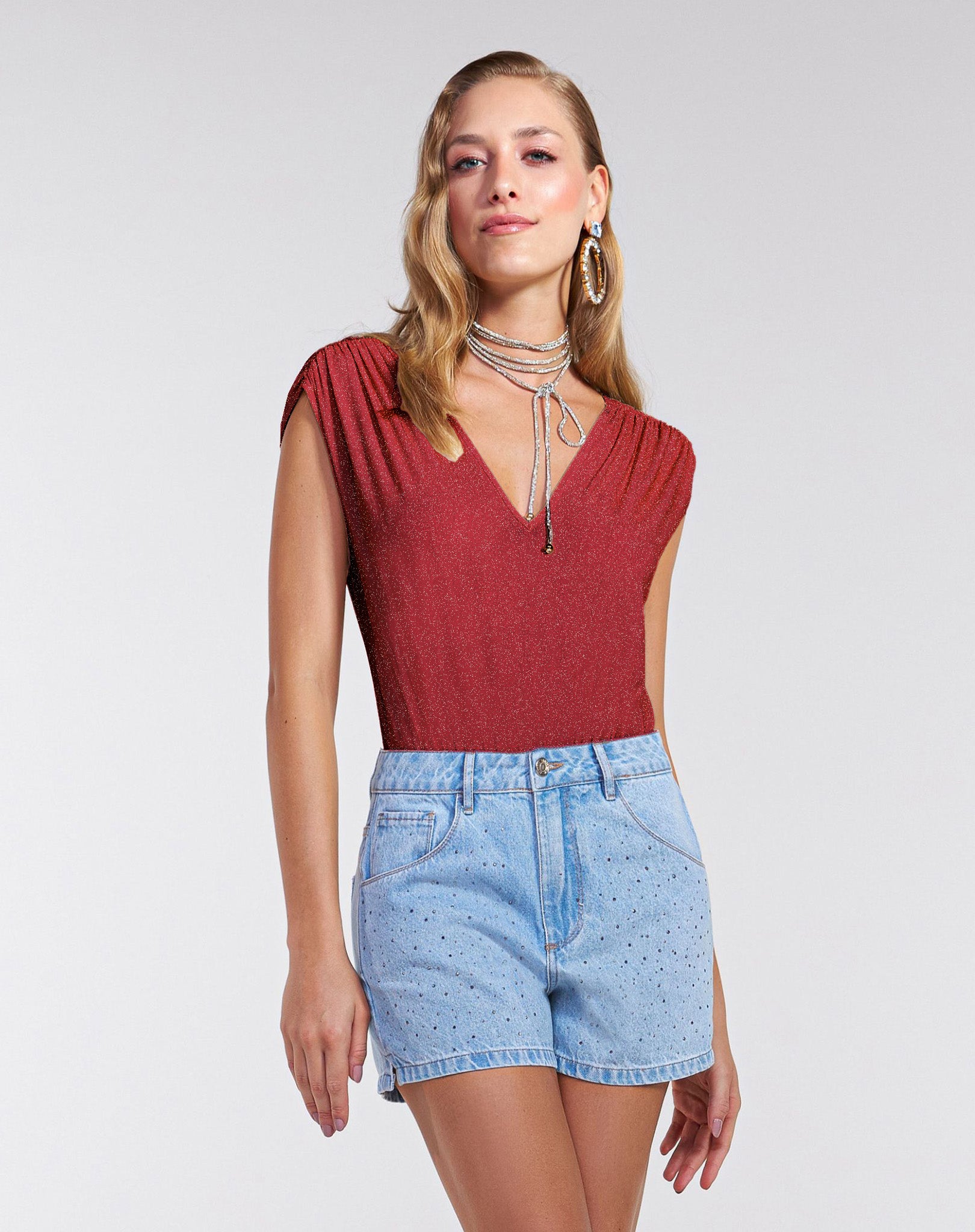 Body com Brilho Franzido e Decote V