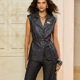 Blazer Jeans Sem Mangas com Faixa e Lapela