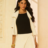 Camisa com Ziper e Gola Ampla em Alfaiataria Off White