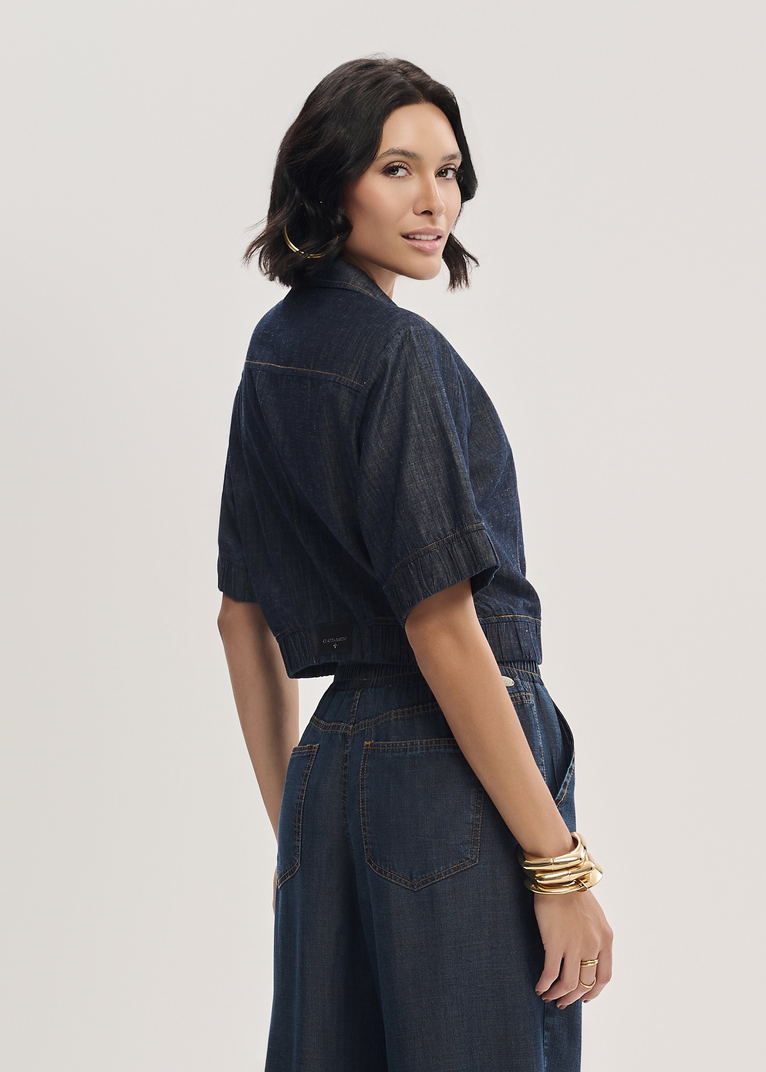 Jaqueta Jeans Cropped Manga Curta