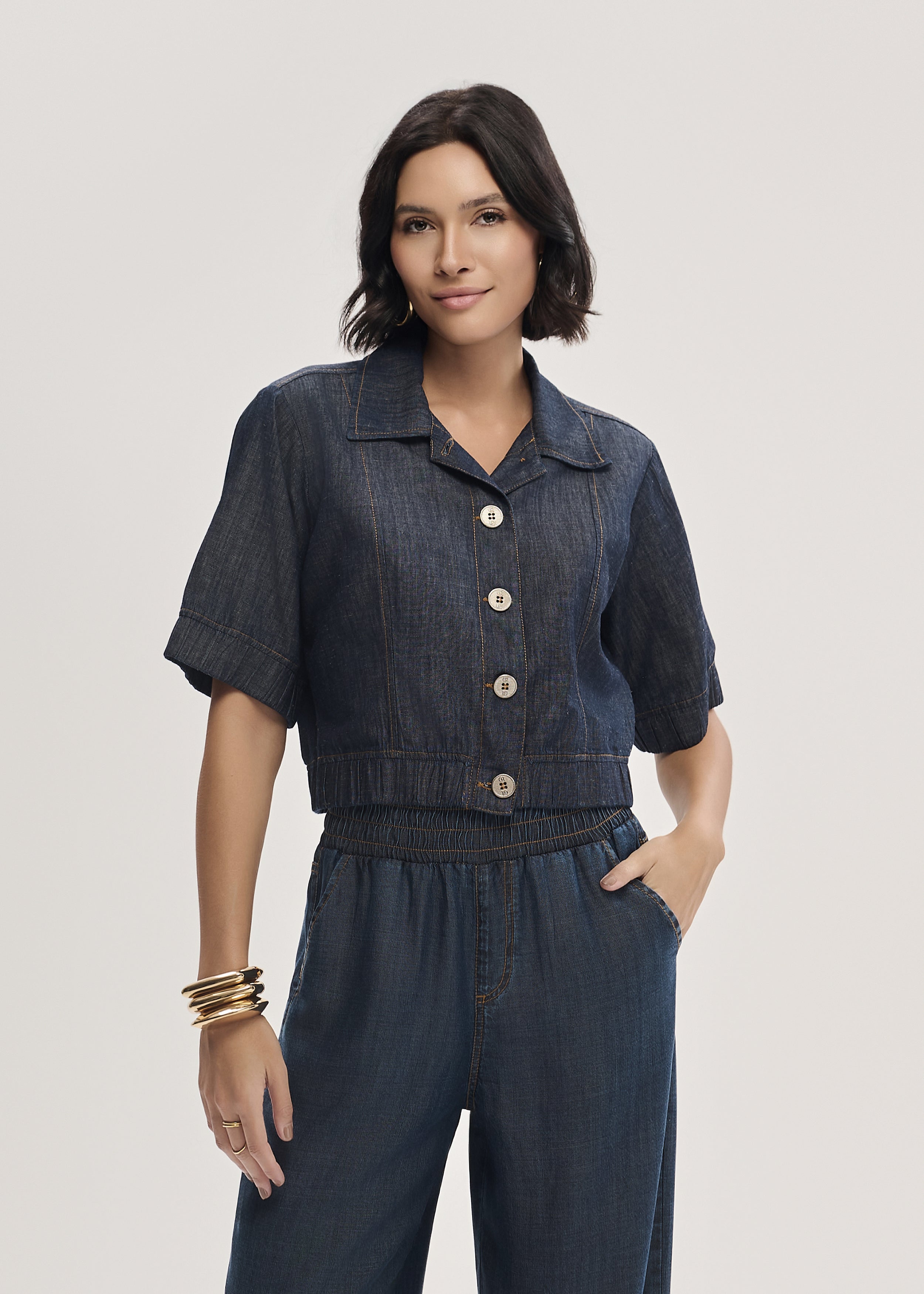Jaqueta Jeans Cropped Manga Curta