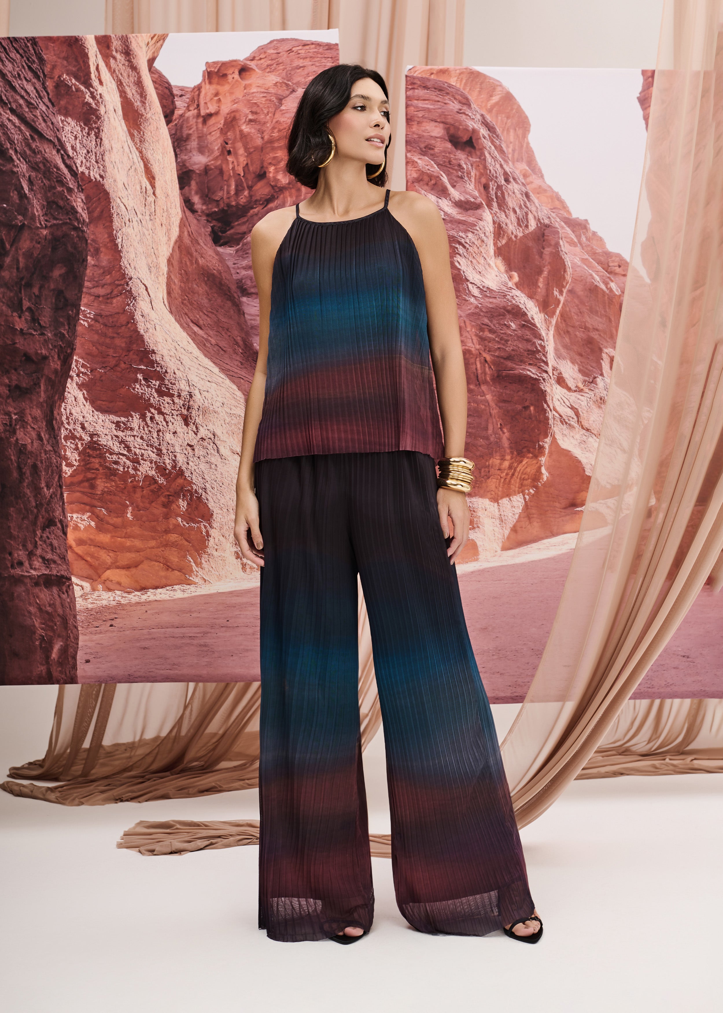 Calça Pantalona Tule Plissada