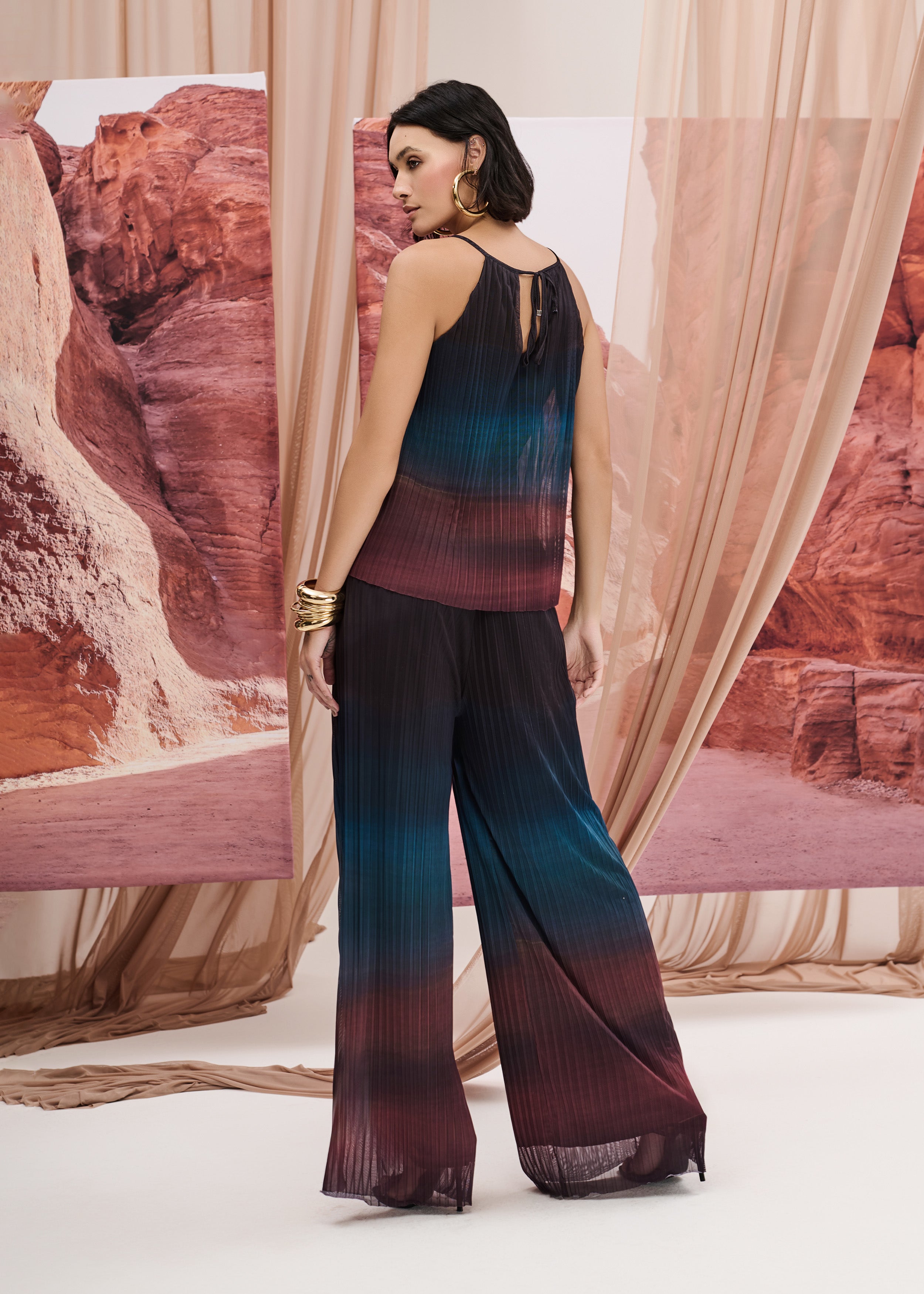 Calça Pantalona Tule Plissada