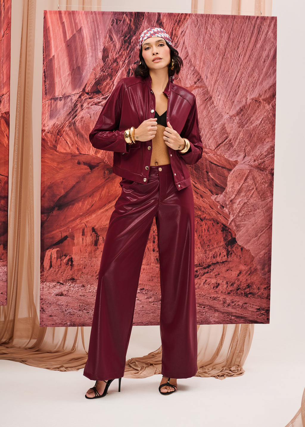 Calça Wide Leg em PU Berry