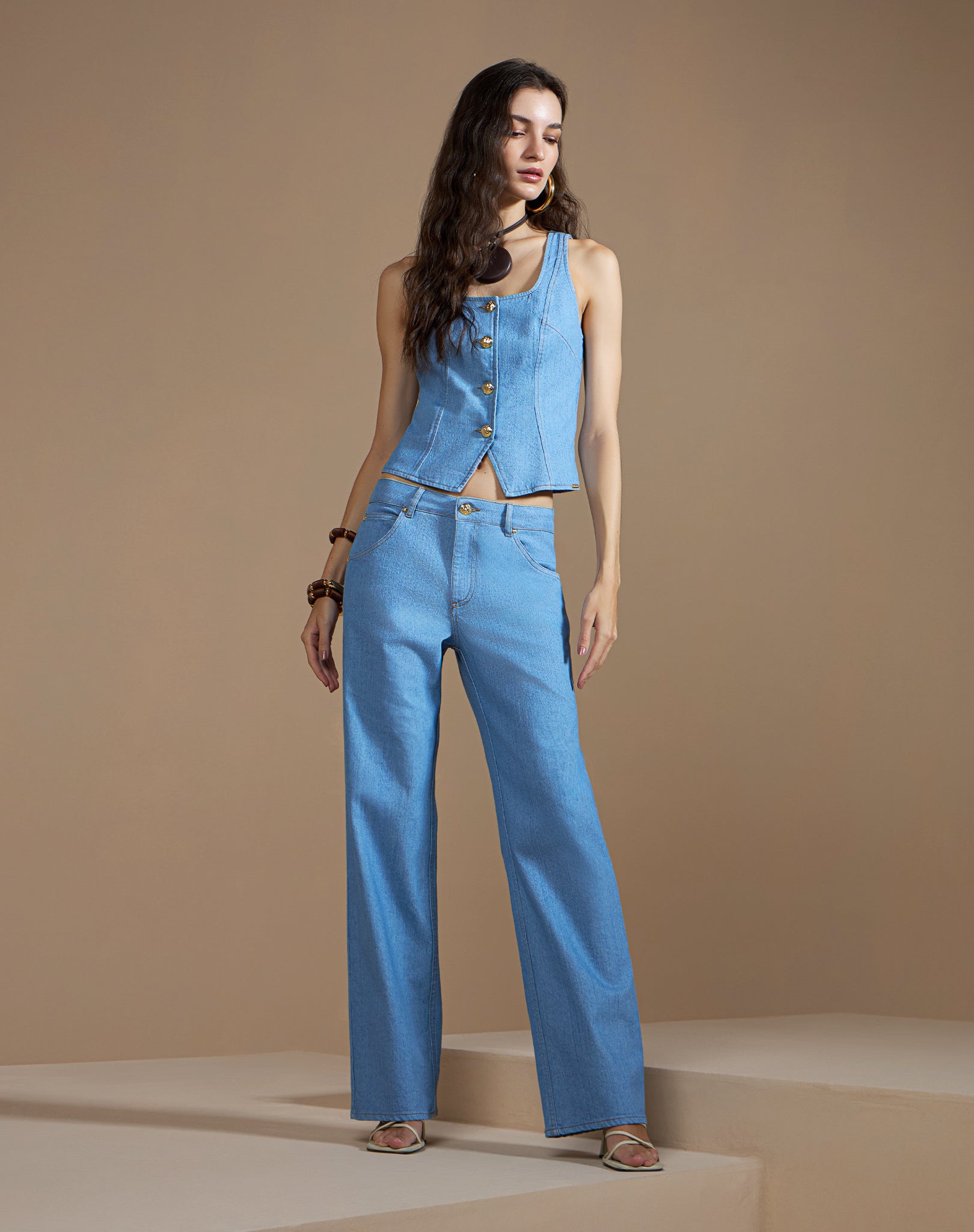 Calça Jeans Wide Leg Azul Céu com Meia Argola Ajustável