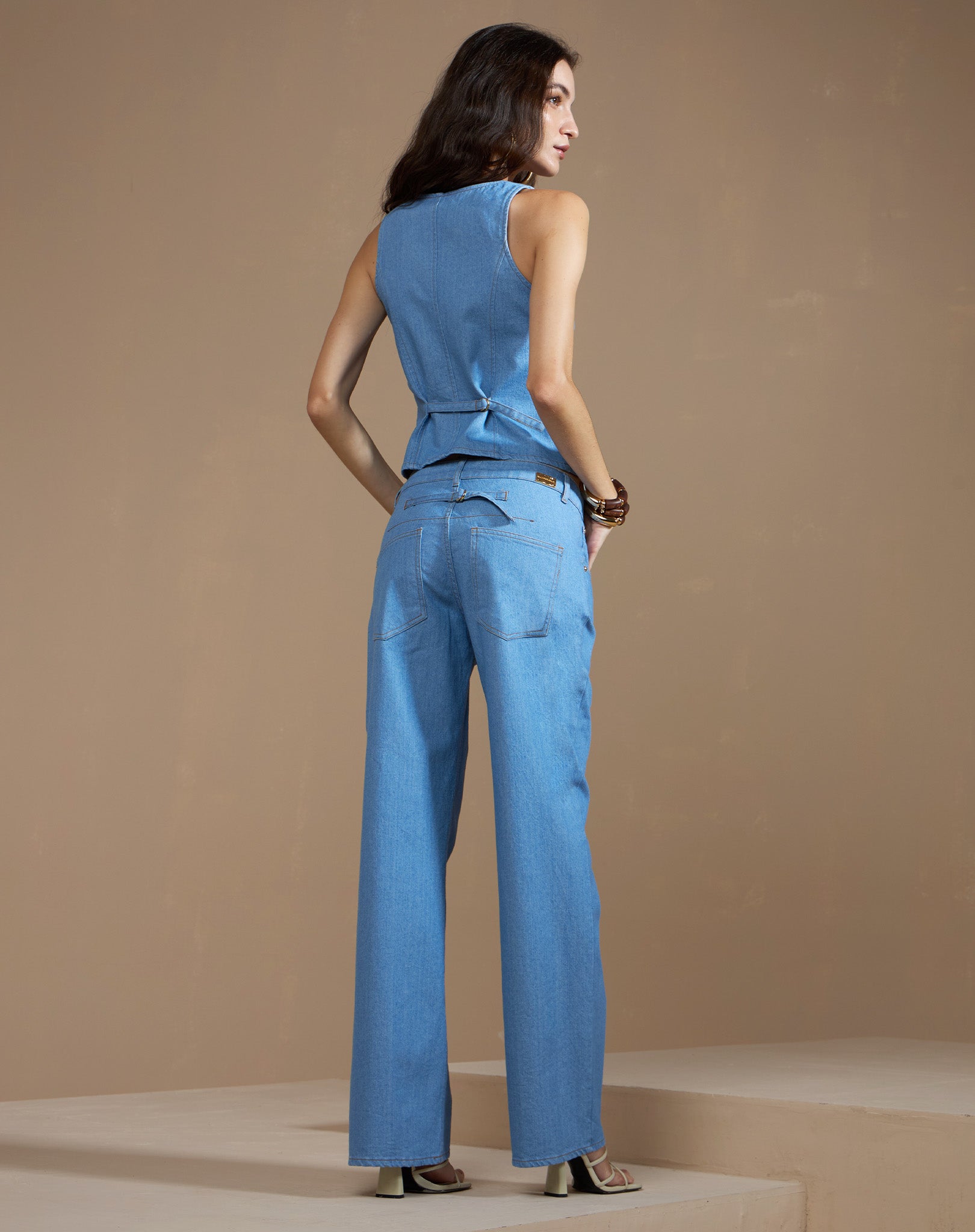 Calça Jeans Wide Leg Azul Céu com Meia Argola Ajustável